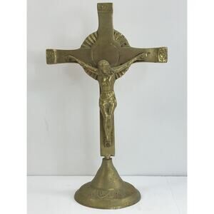 Brass Table Shelf Top 9" Tall‎ Crucifix Cross Vintage Made in India